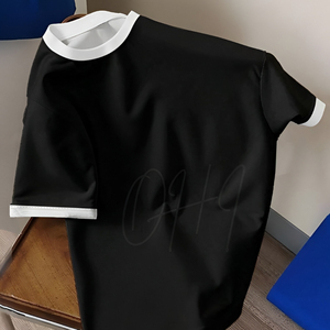 Camiseta de Hombre Negra con Cuello en Contraste, Manga Corta, Algodón, Casual, Transpirable, Secado Rápido, Ecológica, Corte Holgado, a la Moda - Product Image 1