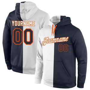 Sudadera con capucha deportiva de moda personalizada al por mayor, blanca, azul marino y naranja, con diseño dividido, bordado y forro polar, estilo urbano. - Product Image 1