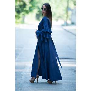 เดรสยาวสีน้ำเงินสำหรับผู้หญิง แขนระบาย ผ้าเป็นมิตรต่อสิ่งแวดล้อม ซักได้ ทรงเอวธรรมชาติ แบบพันรอบตัว ยาวคลุมเข่า สไตล์คาฟตัน สวยสง่า เหมาะสำหรับใส่ลำลองหรืองานกลางคืน - Product Image 3