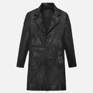 <b>Men's</b> <b>Black</b> Genuine Leather Knee Length <b>Overcoat</b> Notched Lapel Single Breasted Trench Coat Regular Sleeve Polished Finish - Product Image 4