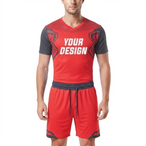 Conjunto Deportivo para Hombre, Camiseta y Pantalones Cortos con Cuello en V, Estampado por Sublimación, Color Rojo y Negro, para MMA - Product Image 1