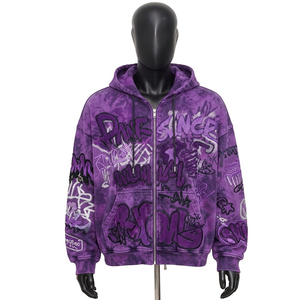 Custom Streetwear Oversized Hoodie Acid Wash Full Zip Heavyweight Cotton Embroidered <b>Graffiti</b> Fashion Outerwear - Product Image 4