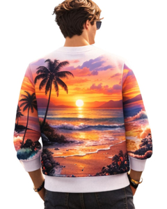 Sudadera Personalizada con Estampado 3D de Playa al Atardecer en Blanco y Naranja, Sudadera Casual con Cuello Redondo para Hombre, Top Sublimado Personalizado de Estilo Urbano - Product Image 3