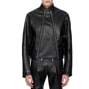 Blouson moto homme en cuir de vachette noir gaufré croco, respirant, col montant, fermeture éclair avant, coupe ajustée, style motard automne - Product Image 6