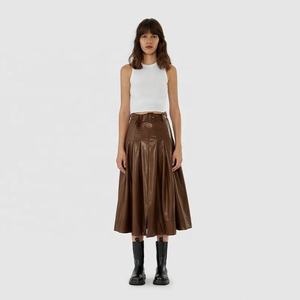OEM 2026 Autumn Vintage Belt Flared Umbrella Brown Leather Long Skirts for Women - Product Image 3