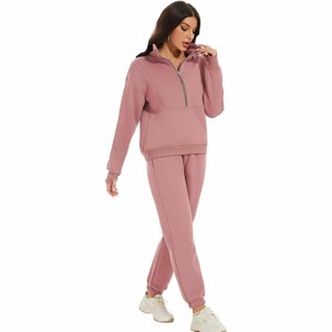 Conjunto Deportivo Rosa para Mujer 100% Poliéster, Sudadera con Cierre de Media Cremallera, Pantalones Largos, Color Sólido, Ropa Casual de Otoño, Transpirable, OEM ODM - Product Image 1