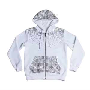 Sudaderas con capucha de alta calidad con pedrería para hombre, con cremallera, personalizadas con diamantes de imitación, 100% algodón, transpirables, ropa informal con capucha, OEM, EE. UU. - Product Image 3