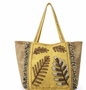 <b>Mustard</b> Embroidered Leaf Tote Bag – Jute Style Boho <b>Handbag</b> with Fringe Detail <b>mustard</b> embroidered tote bag - Product Image 1