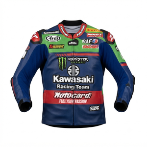 Men’s Rawasaki Motorcycle <b>Racing</b> <b>Jacket</b>/Chaquetta Genuine Cowhide Leather CE Level 2 Protection Armor with Hump - Product Image 1