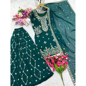 Ensemble de vêtements de soirée pour femmes de créateur avec haut brodé Sarara Dupatta Motif de travail de séquence - Product Image 2