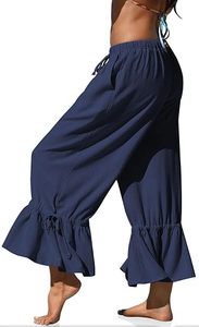 Womens <b>Linen</b> Wide Leg <b>Pants</b> Casual <b>Cropped</b> Ruffle with Ties Palazzo Flowy Drawstring Loose Cute <b>Pants</b> with Pockets - Product Image 3