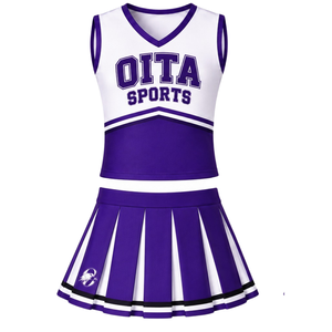Ensemble d'uniformes de cheerleading imprimés violets, haut sans manches à col en V, jupe plissée, 100% polyester, pour équipe sportive, performance de danse - Product Image 1