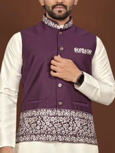 <b>Men's</b> White Smooth Shiny Silk Kurta Purple Embroidered <b>Waistcoat</b> Traditional <b>Indian</b> Wedding Party Attire Regular Fit Knee-Length - Product Image 3