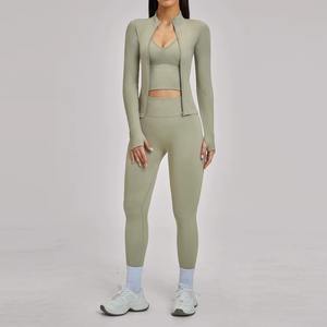 Conjunto Deportivo de Yoga para Mujer, Traje de Yoga, Ropa Deportiva para Gimnasio, Correr, Entrenamiento, con Cierre, Manga Larga, Sujetador Deportivo, Ropa Atlética - Product Image 4