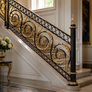 Luxury Black Gold Wrought Iron Stair <b>Railing</b> Ornate Scroll Balustrade Villa Palace Hotel Marble Stair Handrail Supplier - Product Image 3