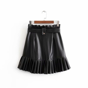 Mini-jupe en cuir PU pour femme avec ourlet plissé et poches, couleur unie, brillante, taille normale, style toutes saisons - Product Image 2