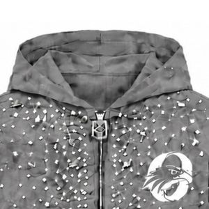 Sweat-shirt à capuche gris argenté perlé avec fermeture éclair, orné de cristaux étincelants, style streetwear tendance, à manches longues, avec P - Product Image 3