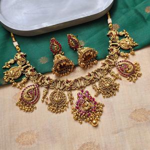 <b>Ruby</b> Lakshmi Short Bridal Fine Jewelry <b>Necklace</b> Set - Product Image 1