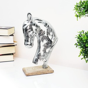 Handmade Metal Horse Head Sculpture Contemporary Artistic Animal Figure on Wooden Base for Living Room <b>Decor</b> - Product Image 2