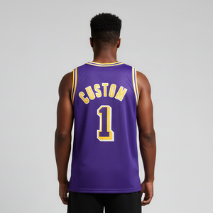 Camiseta de baloncesto morada personalizada para hombre, sin mangas, de malla, con el número 1 y logotipo impreso, ropa deportiva transpirable - Product Image 2