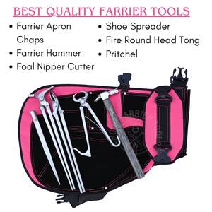 Kit d'outils de fermeur équin pour le ferrage avec tablier rose, pince à tête ronde, écarteur de sabots, coupe-ongles de sabot et pince à sabots - Product Image 2
