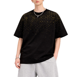 Luxury <b>Gold</b> Foil Men's shirts Oversized Black <b>Sparkles</b> Print Heavyweight T-shirt Drop Shoulder Rhinestone Streetwear <b>Tops</b> OEM - Product Image 1