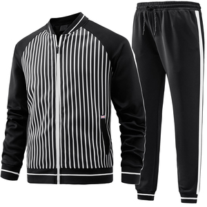 Ensemble de survêtement 2 pièces pour homme, rayé noir et blanc, veste zippée à col rabattu, manches longues, pantalon de survêtement à cordon de serrage, décontracté - Product Image 2