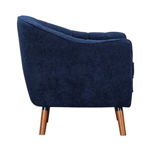 Poltrona Moderna Stile Mid-Century in Tessuto Chenille Blu con Schienale Trapuntato e Gambe in Legno Massello Marrone per Soggiorno - Product Image 5