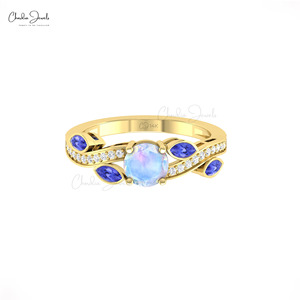 Anillo de Compromiso de Oro Sólido de 14K con Piedra Lunar Arcoíris de 0.32CTW, Tanzanita y Diamantes G-H, Diseño Floral Clásico a un Precio Razonable - Product Image 3
