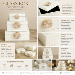 <b>White</b> Glass Jewelry Storage Box <b>Set</b> with Natural Druzy Stone Knob Glossy Finish Decorative Keepsake and Vanity Organizer - Product Image 4
