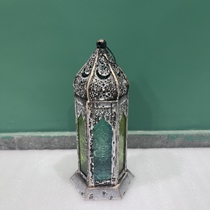 Vintage Iron Moroccan Style <b>Lantern</b> <b>Candle</b> Holder with Color Glass Panels for Easter Ramadan Christmas Home Decoration - Product Image 1