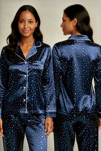 Ensemble de pyjama en satin à manches courtes pour femmes, imprimé géométrique, avec col rabattu, fermeture à boutons, vêtements de nuit d'été - Product Image 5