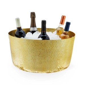 Élégante glacière ronde dorée en métal martelé pour vin et champagne – Refroidisseur de boissons texturé doré, un objet de décoration remarquable - Product Image 1