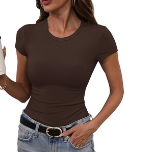 Women's Brown Crew Neck Short Sleeve <b>Slim</b> <b>Fit</b> T-<b>Shirt</b> Knitted Spandex Cotton Casual Print Anti-Wrinkle Breathable All Seasons - Product Image 1