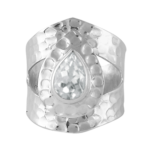 925 sterling <b>silver</b> natural quartz clear crystal <b>adjustable</b> band hammered finish <b>ring</b> for everyday wear bezel setting jewellery - Product Image 1