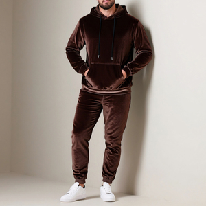 Unisex Brown <b>Velvet</b> Breathable Fleece Lining Tracksuit Set Hooded Sweatshirt <b>Jogger</b> Pants Drawstring Closure 2 Piece Casual - Product Image 1