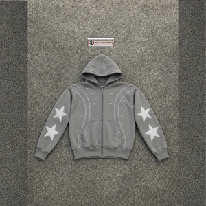 Sweat à capuche zippé gris décontracté, coupe oversize, avec motif étoile graphique, moderne et tendance, style urbain, en polaire douce, Star Puff Pri - Product Image 5