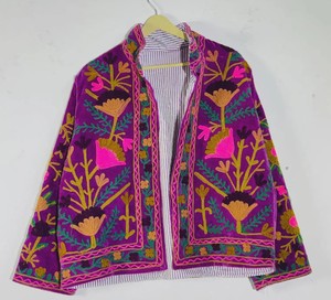 Suzani <b>Velvet</b> <b>Jacket</b> Purple Embroidered Florals <b>Women</b> Mandarin Collar Handmade Finished Eco-Friendly Breathable Winter Full - Product Image 1