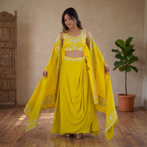 Trending Yellow Embroidered Dhoti Set With <b>Shrug</b> For Women Traditional Indian Wear From Indian Supplier - Product Image 1