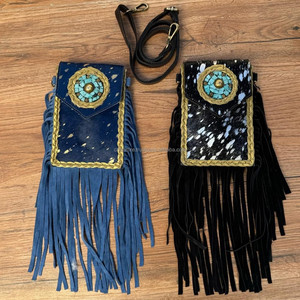 Best-Selling 2025 Handmade Hair on Cowhide Fringe Crossbody Mobile Bag for Women Western Genuine Leather Concho Cell Phone Purse - Product Image 4