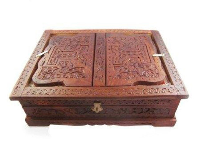 Handcrafted Eco-Friendly Wooden Quran Rehal Storage Box Engraved Brass Inlay Velvet Lining UV Printing Gold Polish Luxury