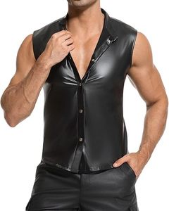 Chaleco ajustado elástico de piel sintética para hombre, con capucha y cremallera, ideal para discotecas y escenarios. - Product Image 1