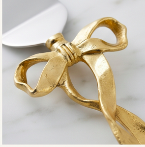 Juego de 2 piezas de cuchillo para cortar y servir pasteles de acero inoxidable con mango de lazo dorado, para fiestas y bodas. - Product Image 2