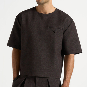 Men's Oversized Knitted Cotton T-Shirt O-Neck Short Sleeve Minimalist Solid Color Breathable Front <b>Logo</b> Design - Product Image 3
