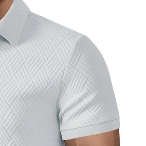 Chemise Homme Tricotée Jacquard Texturée Unie Respirante à Manches Courtes avec Col et Poignets Contrastants, Bordure Motif Clé Grecque, Style Smart Casual Tendance - Product Image 3