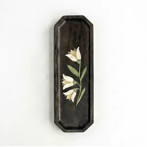 Plateau de service rectangulaire en bois d'acacia fait main, écologique, durable, motif végétal, design minimaliste, pour fêtes, vaisselle et assiettes - Product Image 5