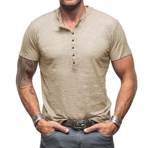 Men's <b>Olive</b> <b>Green</b> Short Sleeve Henley <b>T</b>-<b>Shirt</b> Regular Fit Casual 100% Cotton Knitted Solid Color Breathable Design Front - Product Image 6