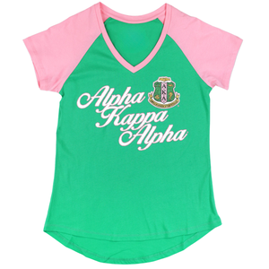 AKA เสื้อยืดคอวีสีเขียวชมพู เสื้อยืดผู้หญิงกรีกโซโรริตี้ลำลองมีสไตล์พอดีตัวผ้าเนื้อนุ่มแขนสั้นสวมใส่ได้ทุกวัน - Product Image 1