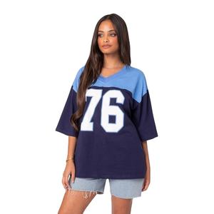Womens Casual Colorblock V-Neck Oversized Jersey <b>T</b>-<b>Shirt</b> Printed Graphic Top Ladies New Lightweight American Football Jersey - Product Image 2