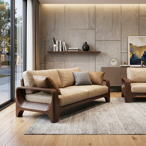 Modern Three Seat Sofa Solid Wood <b>Frame</b> Fabric Upholstered Curved Arm Cushion Back Living Room Furniture - Product Image 1